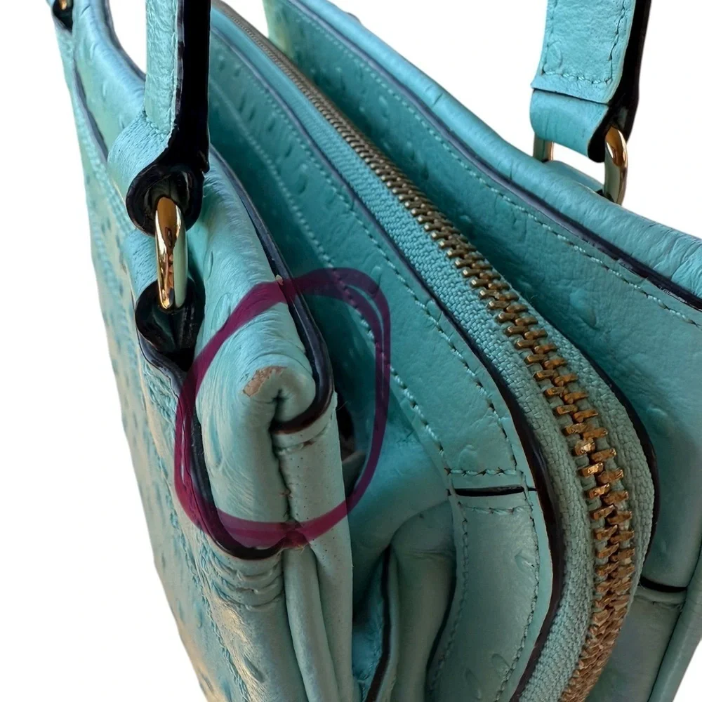 Kate Spade Robins Egg Blue Ostrich Design Embossed Leather W Bow Handbag 11x8 In